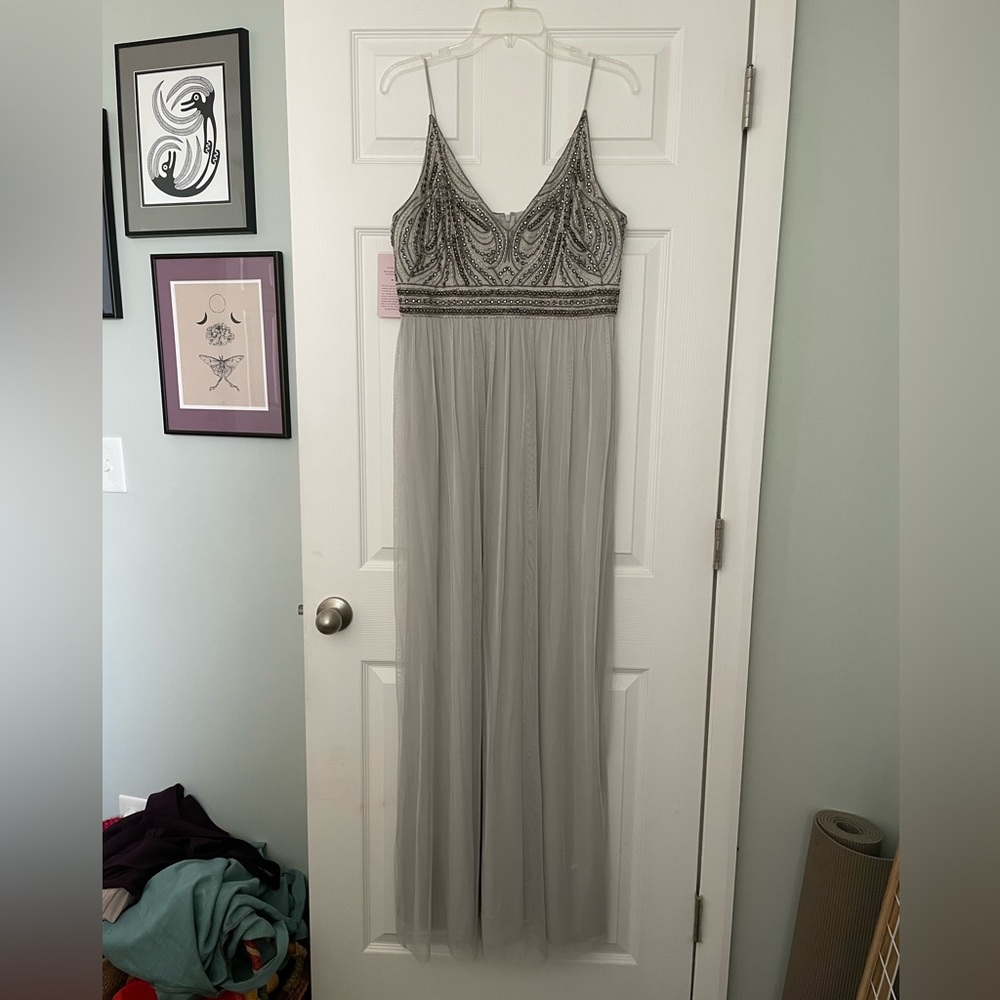 BHLDN Villette Gown. Beautiful silver/ gray strappy gown with beading.